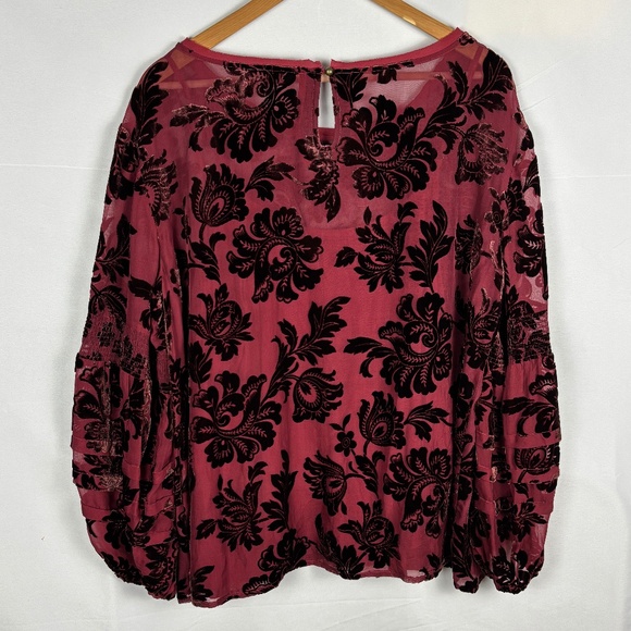 Sundance Women Burnout Velvet Peasant Blouse Top Sz L Burgundy Whimsigoth Fairy - Picture 5 of 12